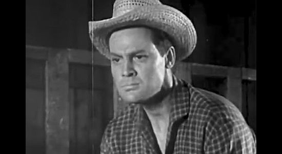 John Agar as Luke Random, finding brother Matt dead and knowing a unique six-gun will be key to finding his killer in Flesh and the Spur (1953)
