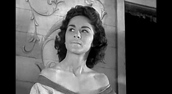 Joyce Meadows as Rina, knowing her forbidden lover is in the woods summoning her in Flesh and the Spur (1953)