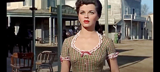 Lisa Gaye as Jennie Marlowe, eagerly awaiting boyfriend Gary Brannon's (Audie Murphy's) return to town in Drums Across the River (1954)