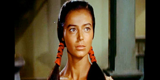 Marisa Pavan as Toby, an Indian girl in love with Johnny and fearing he's about to walk into a trap in Drum Beat (1954)