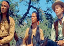 Anthony Caruso as Manok, Marisa Pavan as Toby and Alan Ladd as Johnny MacKay, wondering if they're riding into a trap in Drum Beat (1954)