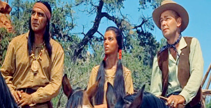 Anthony Caruso as Manok, Marisa Pavan as Toby and Alan Ladd as Johnny MacKay, wondering if they're riding into a trap in Drum Beat (1954)