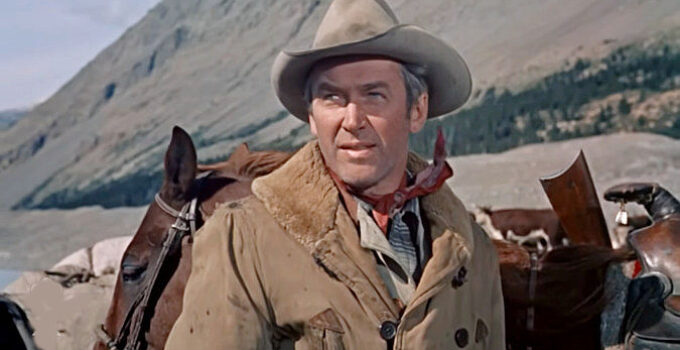 James Stewart as Jeff Webster, watching an avalanche prove his point in The Far Country (1954)