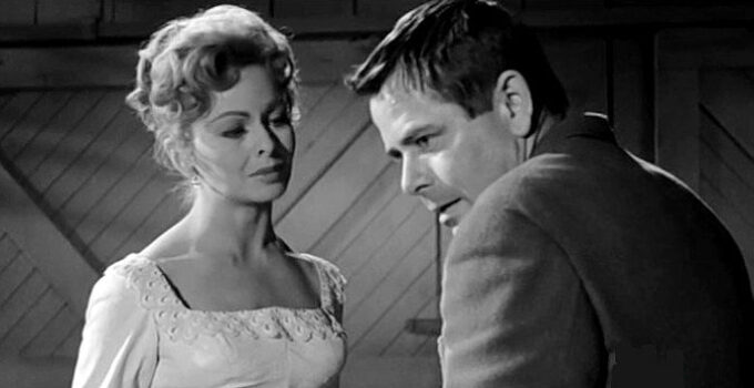 Jeanne Crain as Dora Temple, trying to steer husband George (Glenn Ford) away from a path of self-destruction in The Fastest Gun Alive (1956)