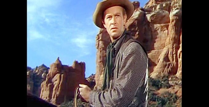 Sterling Hayden as Tex McCloud, a man on a quest for vengeance in Flaming Feather (1952)