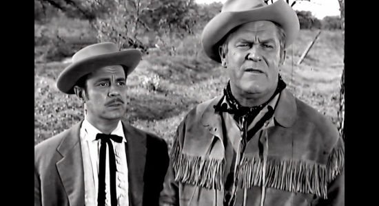 Railroad man Foster with Guinn 'Big Boy' Williams as Bigfoot, realizing the stage is under attack by Comanche in Five Bold Women (1959)
