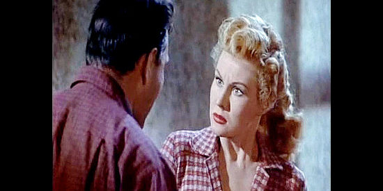 Virginia Mayo as Abby Nixon, getting an upclose look at Jess Gorman's violent turn in Devil's Canyon (1953)