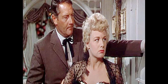 Joel McCrea as Sheriff Tom Banning trying to keep feisty Frenchie Fontaine (Shelley Winters) in check in Frenchie (1950)