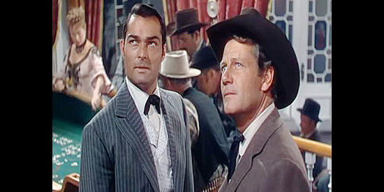 John Russell as Lance Cole and Joel McCrea as Sheriff Tom Banning, wondering what Frenchie's likely to do next in Frenchie (1950)