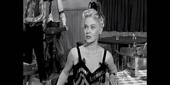 Lyn Thomas as Kate Durand, the oft abused saloon girl who fears Yubo's temper in Frontier Gun (1958)