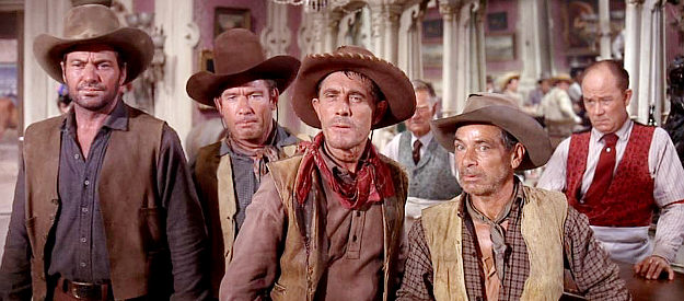 Ken Curtis as Joe (3rd from left) and his cowboy friends show up in Dodge City with an Indian scalp in Cheyenne Autumn (1964)