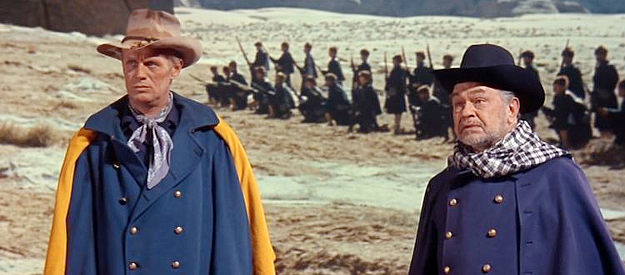 Richard Widmark as Thomas Archer and Edward G. Robinson as Carl Schurz, negotiating with the Cheyenne in Cheyenne Autumn (1964)