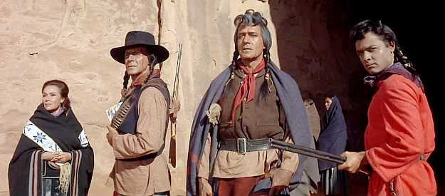 The Cheyenne -- Spanish Woman (Delores del Rio), Little Wolf (Ricardo Montalbon), Dull Knife (Gilbert Roland) and Red Shirt (Sal MIneo) watch the cavalry approach in Cheyenne Autumn (1964)