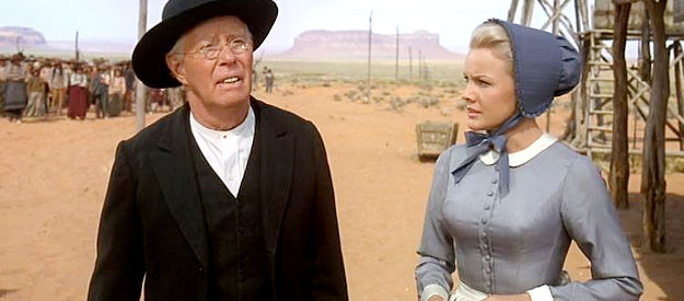 Walter Baldwin as Jeremy Wright and his niece Deborah (Carroll Baker) plead the case of the Cheyenne in Cheyenne Autumn (1964)