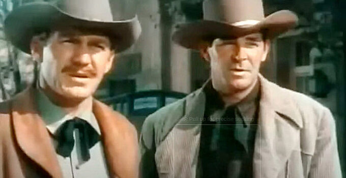 Forrest Tucker as Sheriff McIntrye and Rod Cameron as Johnny Tremaine in Brimstone (1949)