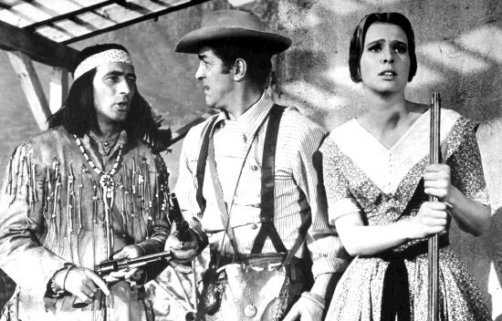Joey Bishop as Kronk, Dean Martin as Sam Hollis and Rosemary Forsyth as Phoebe Ann prepare to confront marauding Comanche in Texas Across the River (1966)