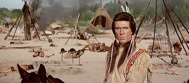 Kieron Moore as ChieF Dull Knife surveys what's left as Custer's attack at Washita in Custer of the West (1967)
