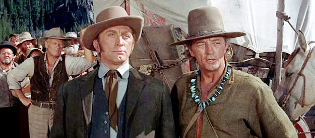 Kirk Douglas as William Tadlock and Robert Mitchum as Dick Summers, anticipating trouble with Indians in The Way West (1967)