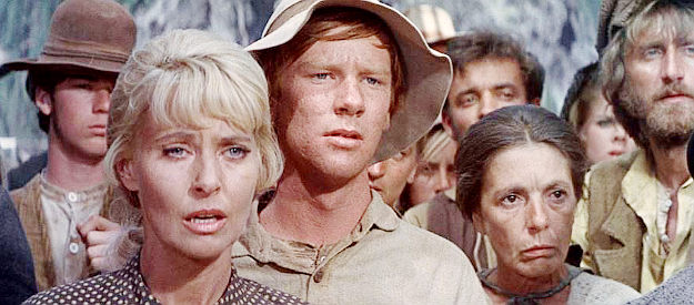 Lola Albright as Becky Evans and Michael McGreevy as her son Brownie react to a tragic turn of events in The Way West (1967)