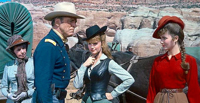 Burt Lancaster as Col. Thaddeus Gearhart with Lee Remick as Cora Massingale and Pamela Tiffin as Louise Gearhart in The Hallelujah Trail (1965)