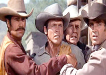 Chad Everett as Lee Sutton, Lyle Bettger as brother Clay and two of Clay's men in Return of the Gunfighter (1967)