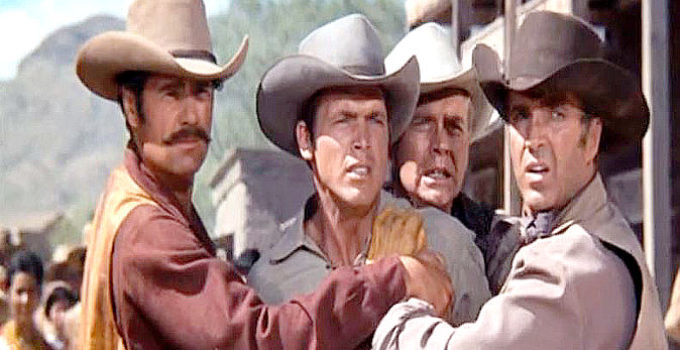 Chad Everett as Lee Sutton, Lyle Bettger as brother Clay and two of Clay's men in Return of the Gunfighter (1967)
