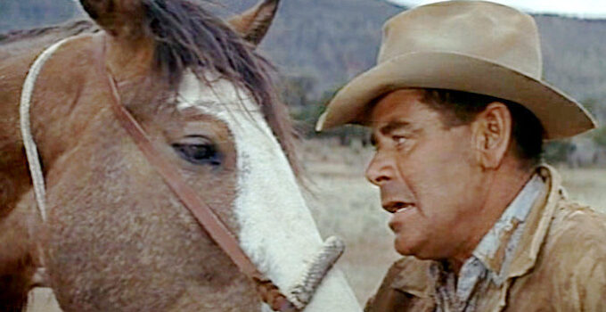 Glenn Ford as Ben Jones, fed up with a misbehaving roan in The Rounders (1965)