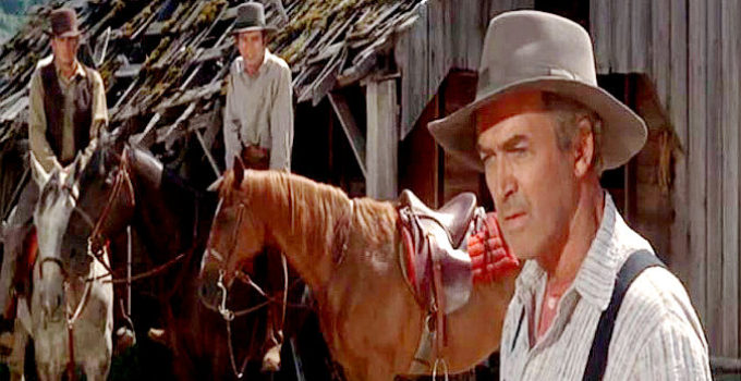 James Stewart as Charlie Anderson, wondering what to do with dead soldiers on his land in Shenandoah (1965)