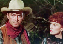 James Stewart as Sam Burnett, accused of trying to steal Vindicator as Martha (Maureen O'Hara) looks on in The Rare Breed (1966)