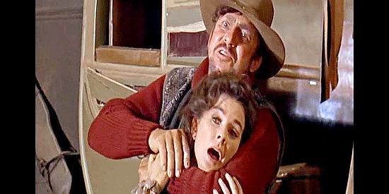 Slim Pickens as Yarbrough, a Flood man threatening to harm Molly Lang (Jean Simmons) in Rough Night in Jericho (1967)