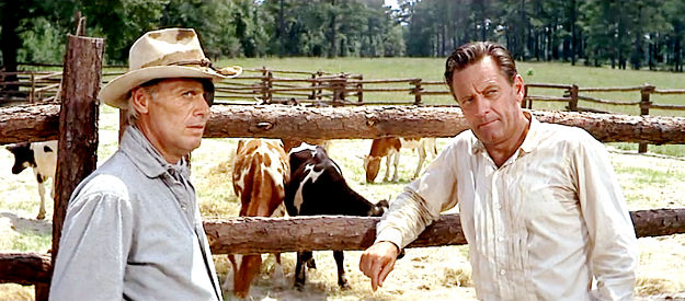 Richard Widmark as Col. Tom Rossiter and William Holden as Alvarez Kelly contemplating the mission ahead in Alvarez Kelly (1966)