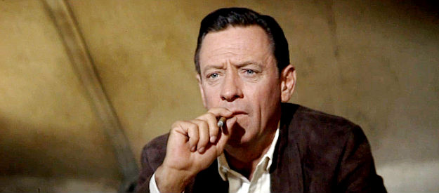 William Holden as Alvarez Kelly, breaking the news about Liz to Col. Rossiter in Alvarez Kelly (1966)