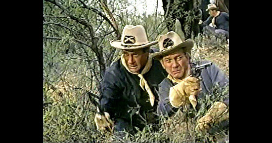 Darren McGavin as Capt. Benton and Joseph Cotton as Maj Reno debate the wisdom of riding to Custer's rescue in The Great Sioux Massacre (1965)