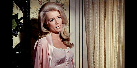 Inger Stevens as Lily Langford, scolding Van Morgan for a late-night visit to her home in Five Card Stud (1968)