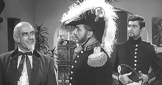 Nestor Paiva as Don Carlos Montalvo discusses California's future with Mexican Gen. Torena (John Marshall) and Lt. Ruiz (Eugene Igelsias) in Frontier Uprising (1961)