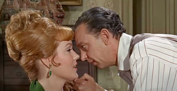 Barbara Rhoades as Penelope Cushings and Don Knotts as Dr. Jesse Heywood in The Shakiest Gun in the West (1968)