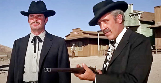 James Garner as Wyatt Earp and Jason Robards as Doc Holliday, refusing to be arrested at the O.K. Corral in Hour of the Gun (1967)