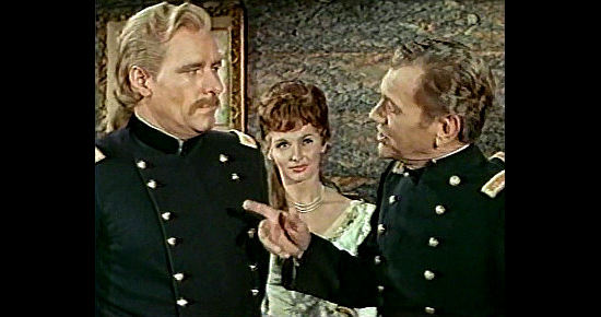 Philip Carey as Col. Custer shows patience with a drunken Maj. Reno (Joseph Cotton) as Libbie (Nancy Kovack) looks on in The Great Sioux Massacre (1965)