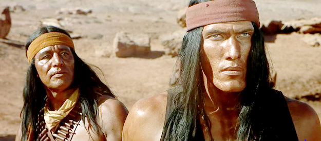 Rudy Diaz as Besh and Ted Cassiday as Hachita, two of the Indians who are part of Colorado's band in MacKenna's Gold (1969)