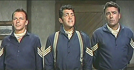 Frank Sinatra as Mike Merry, Dean Martin as Chip Deal and Peter Lawford as Larry Barrett in Sergeants 3 (1962)