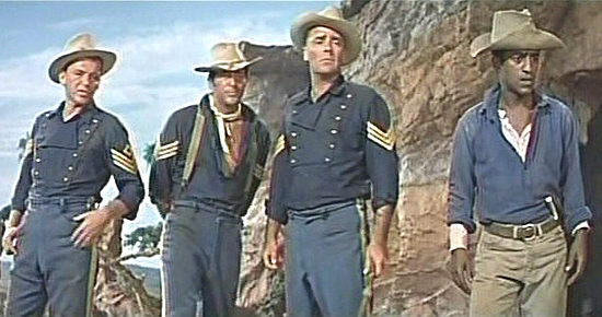 Frank Sinatra as Sgt. Merry, Dean Martin as Sgt. Deal, Peter Lawford as Sgt. Barrett and Sammy Davis Jr. as Jonah Williams are in a jam in Sergeants 3 (1962)