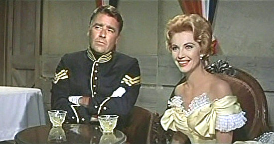Ruta Lee as Amelia Parent with finance Sgt. Larry Barrett (Peter Lawford) in Sergeants 3 (1962)