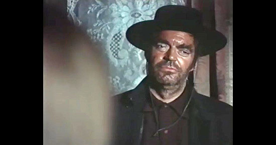 Jack Elam as Slim Kovacs gets his first glimpse of Sartana;s wife in Sartana Does Not Forgive (1968)