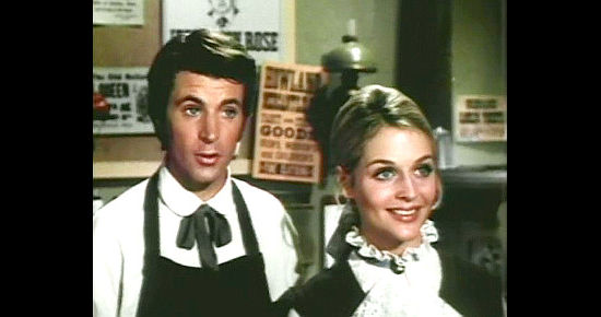 Ricky Nelson as mayoral candidate Jeff Rose and Kristin Harmon as his wife Hannah in The Over the Hill Gang (1969)