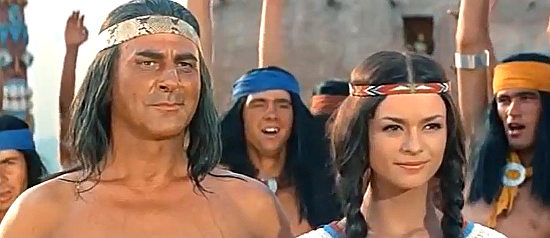 Mavid Popovic as Apache Chief Instchu-tschuna with his daughter Nascho-tschi (Marie Versini in Apache Gold (1963)