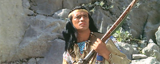 Pierre Brice as Winnetou as a shot rings out in Treasure of Silver Lake (1962)