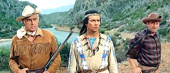 Stewart Granger as Old Surehand with Pierre Brice as Winnetou and Milan Srdoc (Paddy Fox) as Old Wabble in Rampage at Apache Wells (1965)