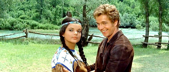 Uschi Glass as Apanatschi with Gotz George as Jeff Brown in The Halfbreed (1966)