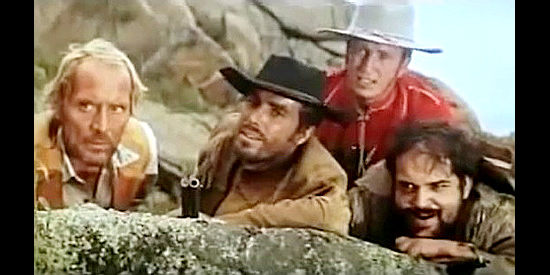 George Hilton as Kitosch keeps an eye on the renegades with (from left) Maj. Baker (Piero Lulli), Sgt. McCartney (Enrique Avila) and Tournier (Ricardo Palacios) in Kitosch, the Man Who Came from the North (1967)