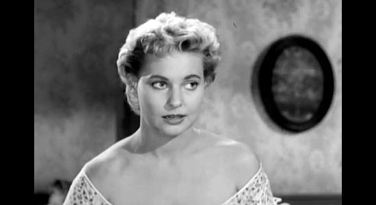 Lola Albright as May, the 'prettiest little waitress you've ever seen,' interacting with Ross Haney in Treasure of Ruby Hills (1955)